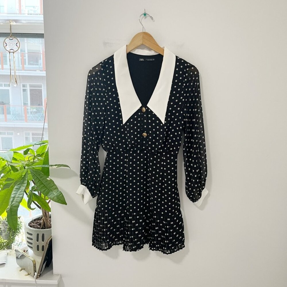 Zara Black and White Polka Dot Long Sleeve Dress